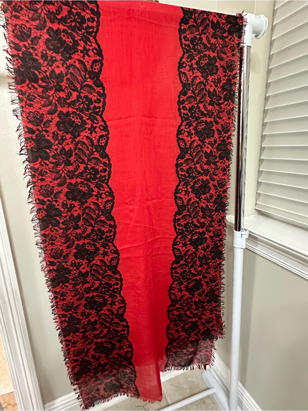 Avenue Red Scarf with Black Lace-Style Border